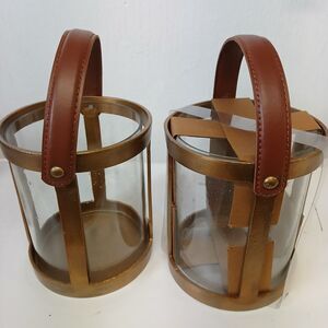 Threshold Glass Candle Holder Set of 2 Brushed Metal w/Brown Faux Leather Handle